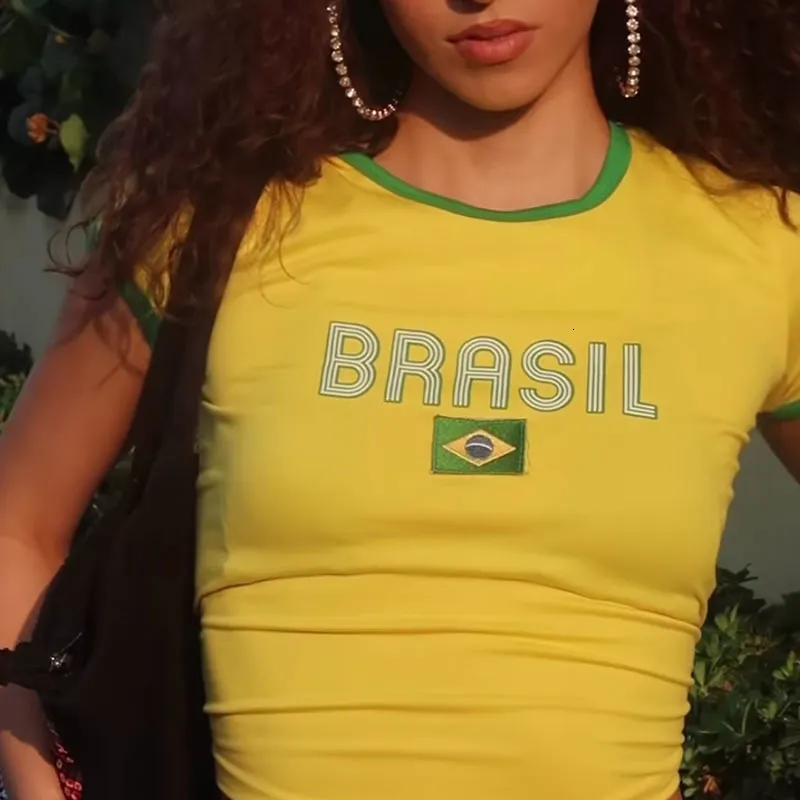 BVUSHM Brazil Shirt For Women | Y2K Soccer Jersey Style Top | V-Neck Contrast Binding Tee | Short Sleeve