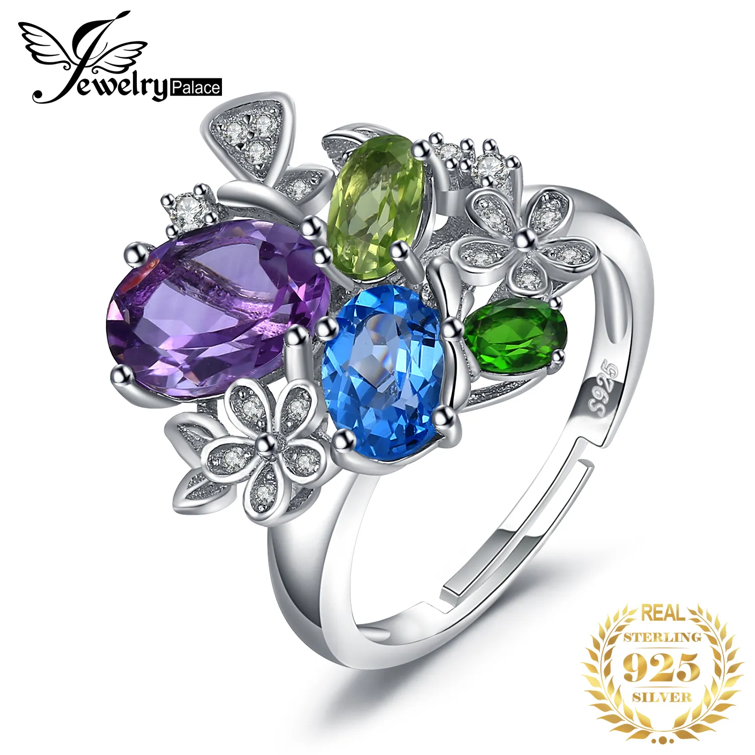 JewelryPalace Blume natürlicher Amethyst Blautopas Peridot Chromdiopsid offener verstellbarer Cocktailring 925 Sterling Silber Damen