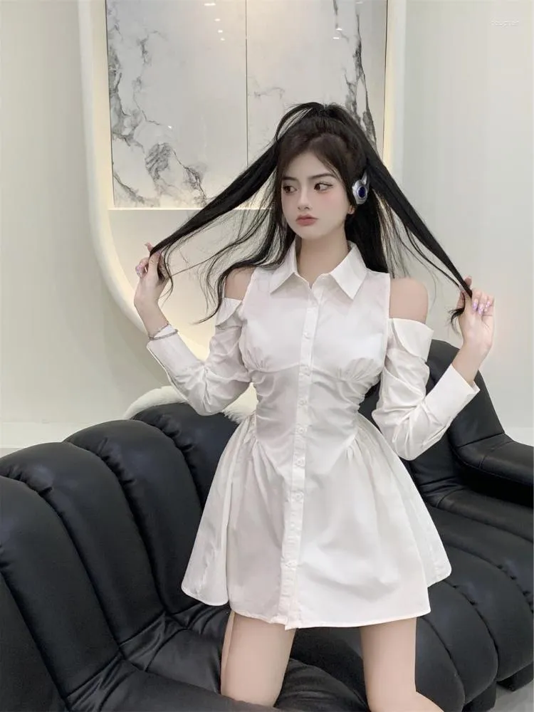 Casual Dresses 2023 Spring White Slim Shirt Dress Long Sleeve High Waist  Korean Fashion Chic Sexy Off The Shoulder Women Mini