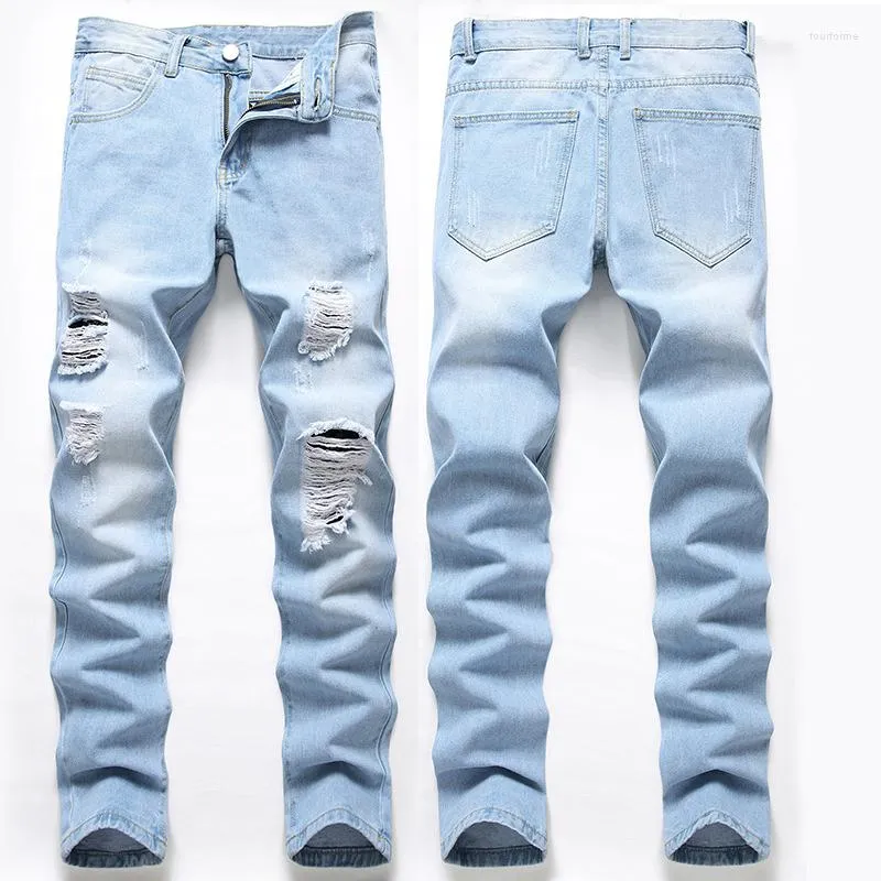 Мужская джинсовая джинсовая дыра 2023 Прямые брюки летние тонкие разрушенные высококачественные повседневные брюки плюс размер