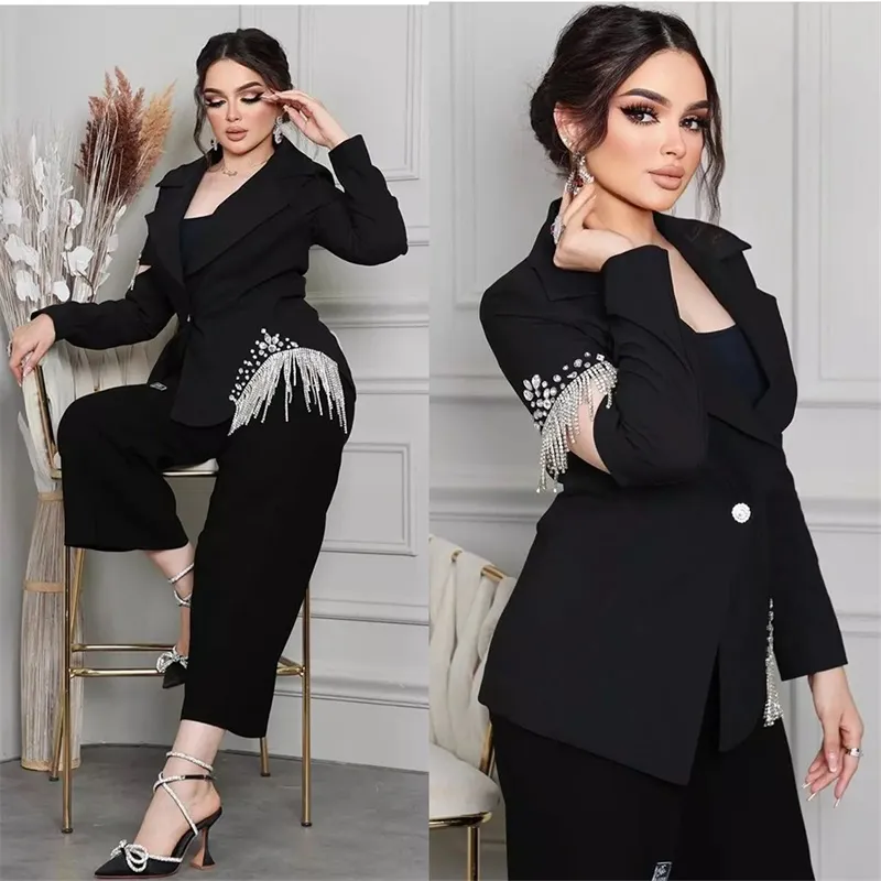 Black Women Pants Suits na wesele kryształowy blazer i spodnie Designer Formal impreza strój balowy