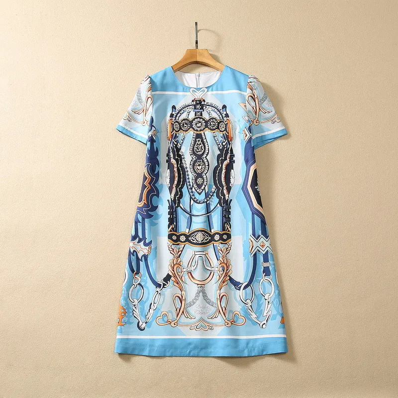 2023 Summer Blue Paisley Print Beaded Cotton Dress Short Sleeve Round Neck Sequins Knee-Length Casual Dresses S3Q160713