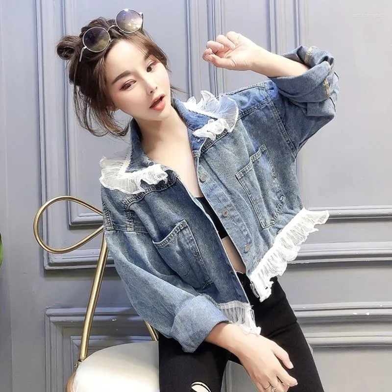 Women's Jackets Sweet Women Short Denim Jacket Patchwork Lace Ruffle Loose Fit Casual Coats Female Spring Outerwear Drawstring Jeans