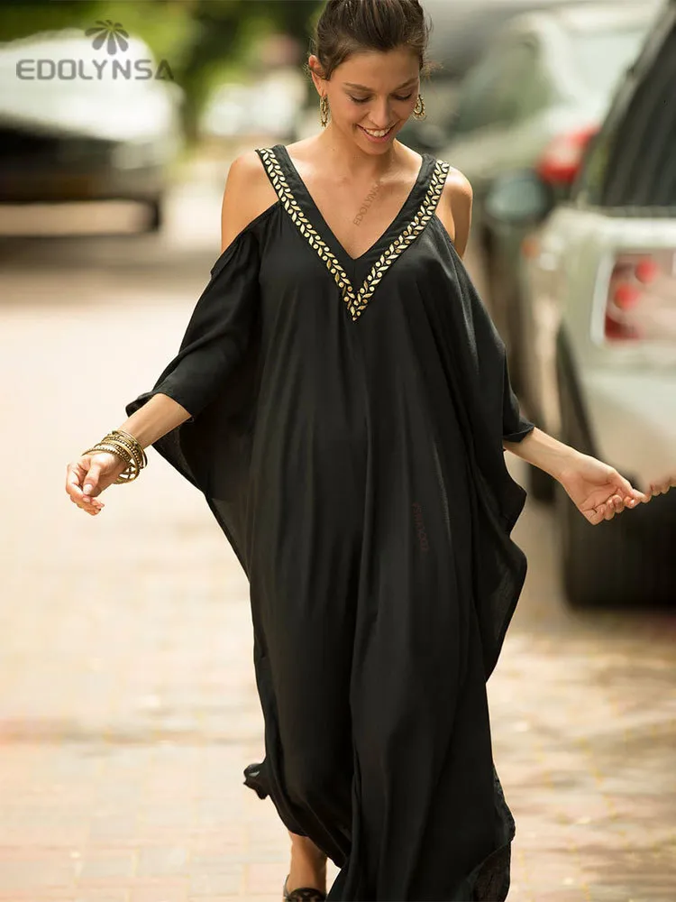 Sexy Black Kaftan Maxi Dress With Sleeves With Cold Shoulder And V