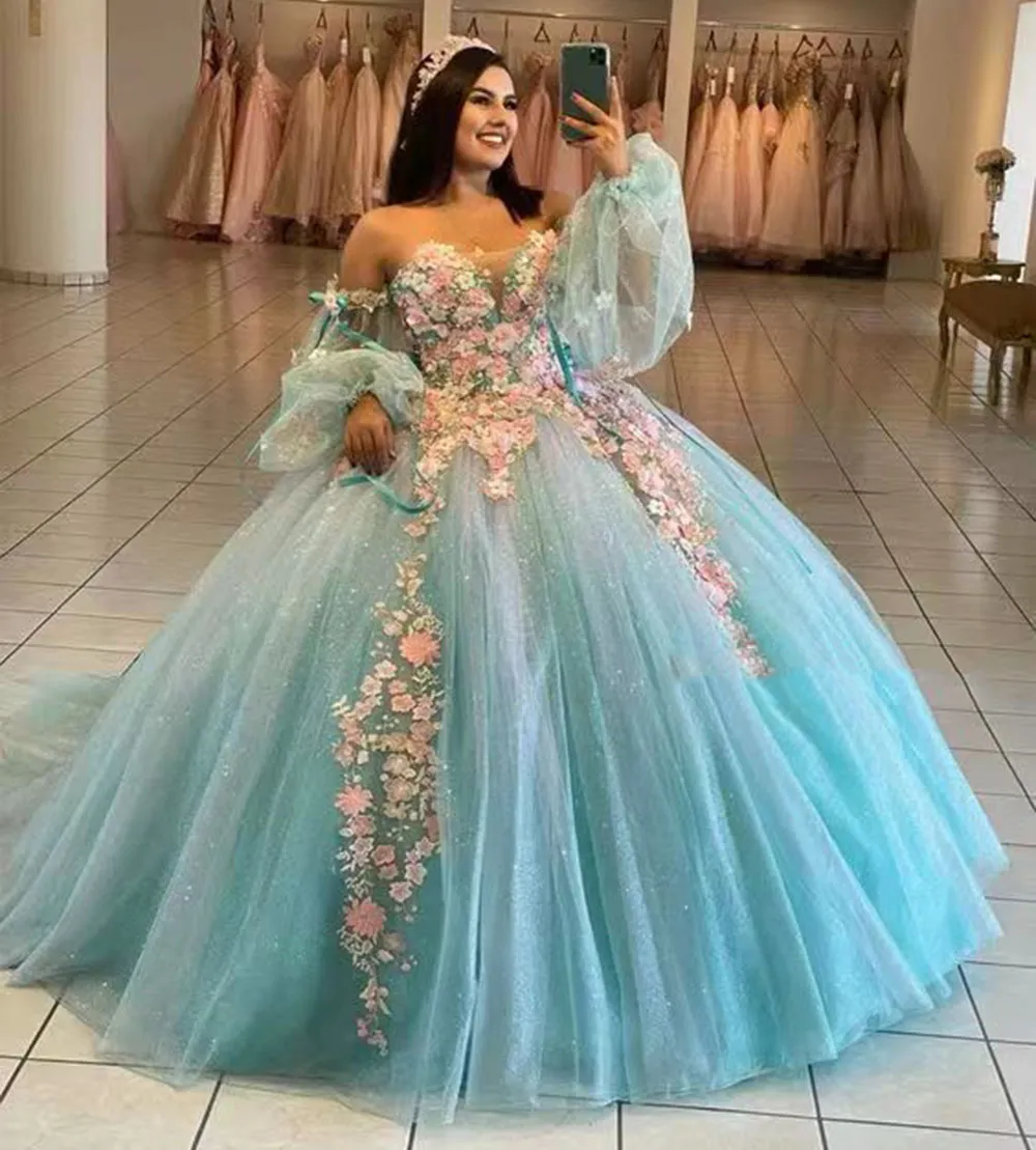 Glitter Sweetheart Floral Quinceanera Dresses With Long Sleeves Back Bow Pink 3D Flowers Appliques Princess Prom Party Ball Gown Sweet 15 16 Dress For Girls