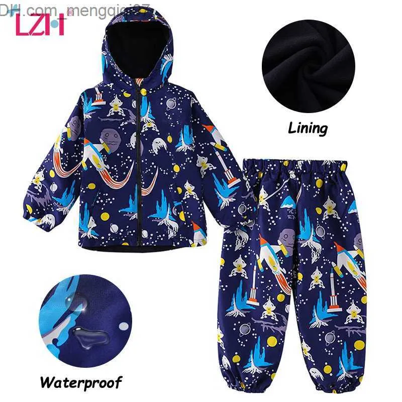 Zestawy odzieży LZH Ubranie dla dzieci jesień i zimowe ubranie dla dzieci odzież w wodoodpornym płaszcz dinozaurów+spodnie zestaw odzieży dziewczynki Z230717