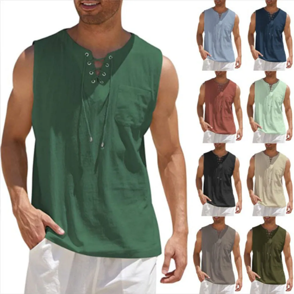 Mens Tank Tops Oversized S5XL Men Loose Cotton Linen Vests Summer Male Lace Up Pocket Solid Sleeveless OL Tee Tshirt Man NMD978# 230717