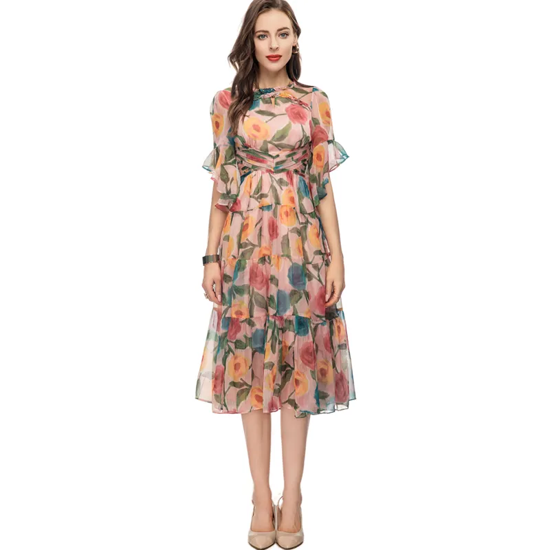 Women's Runway Dresses O Neck Half Sleeves Appliques Printed Floral High Street Fashion Designer Vestidos