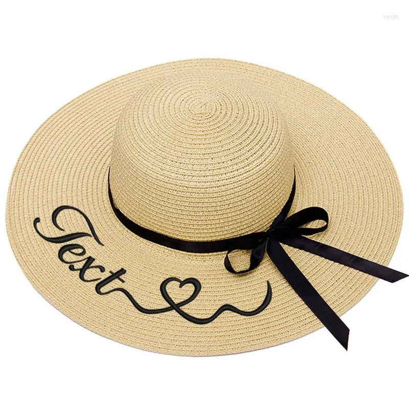 Customizable Wide Brim Straw Hat With Bow With Embroidery And Text