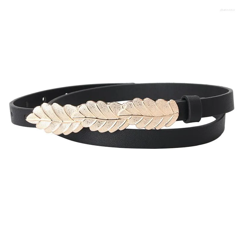Belts Fashion Women PU Leather Waist Band Thin Elastic Belt Material Golden Metal Leaves Buckle Dress Apparel Accessories