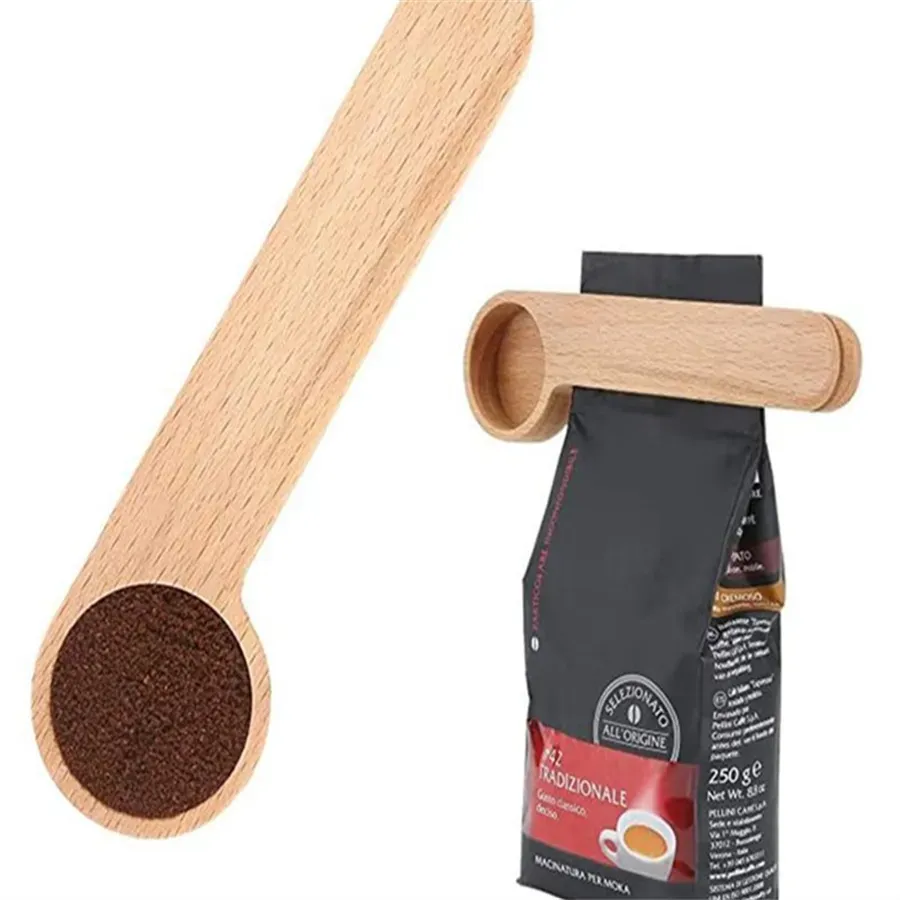 Coffee Scoops Solid wood coffee spoon with bag clip beech measuring tea bean gift wholesale