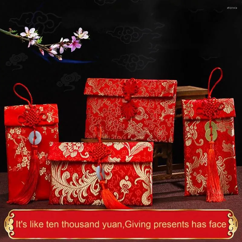 Embrulho para presente Requintado Vermelho Chinês Nó Envelope Bolsa Floral Bolso para Dinheiro Bolsas de Borla de Casamento de Alta Qualidade