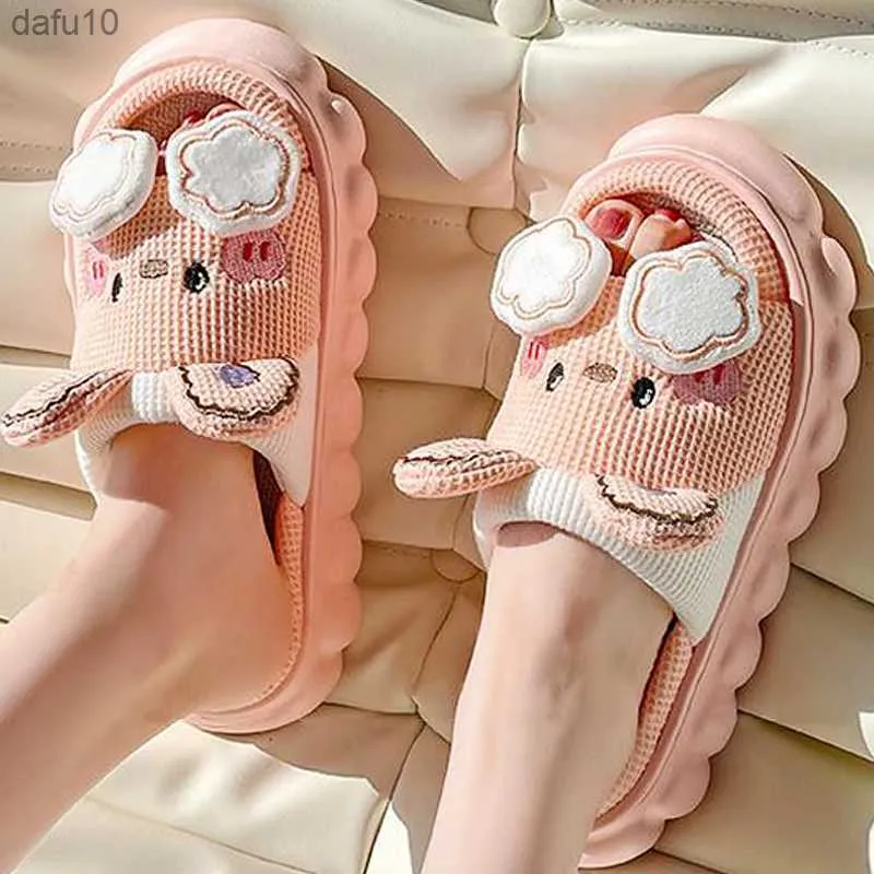 Linnen Huis Slippers voor Vrouwen Leuke Cartoon Konijn Zachte Slippers Vrouwelijke Platform Indoor Slippers Antislip Comfortabele Plezier schoenen L230704