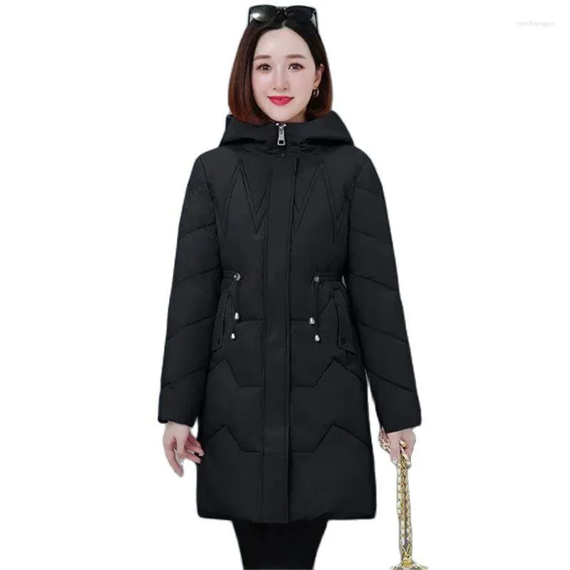 Trench-coats pour femmes hiver mi-long vers le bas veste rembourrée en coton femmes 2023 mode chaude couleur Pure vêtements d'extérieur à capuche dissimulé manteau à glissière