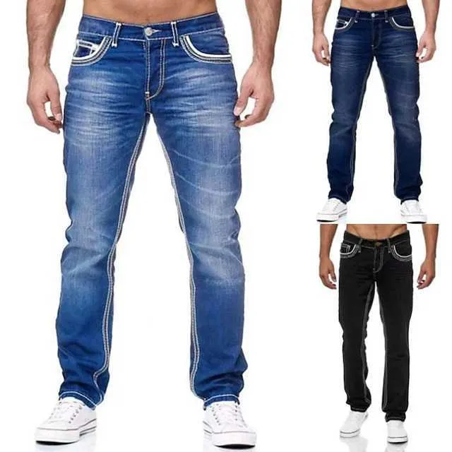 Herren Jeans Hosen Denim-Hosen Tasche Gerades Bein Einfarbig Komfort Tragbar Outdoor Alltag Mode Stil Schwarz Dunkelblau