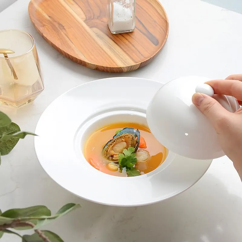 Tigelas de sopa redondas de cerâmica branca pura com tampa para sobremesa, mesa de trabalho para casa, itens de cozinha