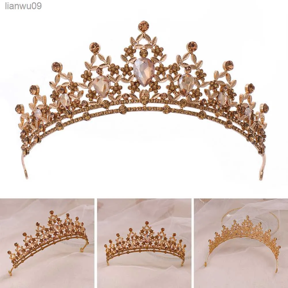 Golden Tiaras Crown Wedding Hair Accessories Golden Crystal Hairbands Girls Party HeadDress Bridal Princess Jewelry L230704