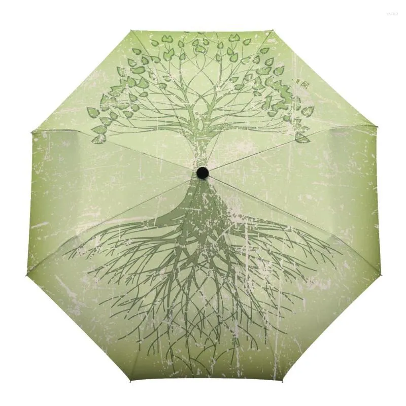 Umbrellas Trees Leaves Shabby Retro Green Nature Art Custom Automatic For Women Male Windproof Folding Rain Umbrella Parasol