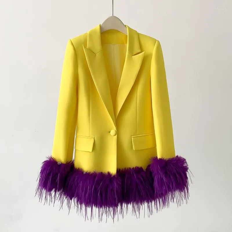 Costumes pour femmes robe jaune Blazer violet artificielle Furffly veste de luxe à la mode Fluff est amovible bureau affaires porter des Blazers