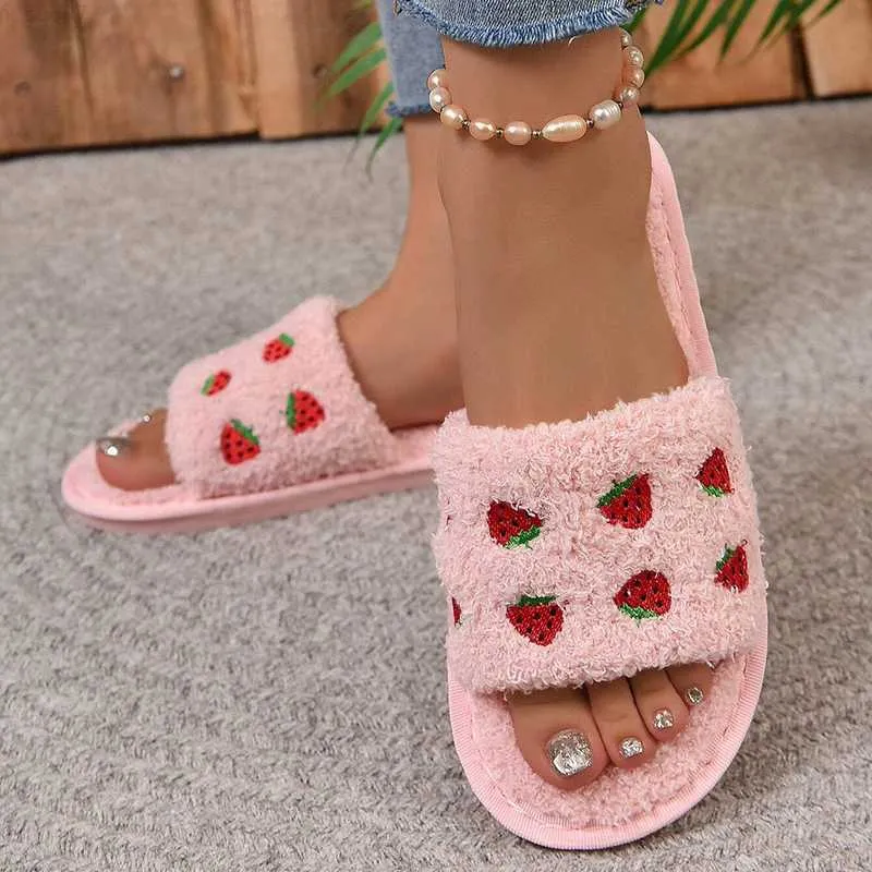 Slippers Winter Indoor Vrouwen Harige Slippers Warm Nepbont Home Slides Platte Aardbei Ontwerp Luxe Slippers Huis Non Slip slippers L230717