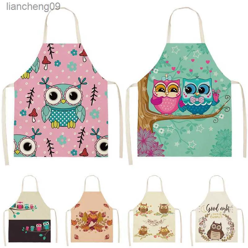 1Pcs Colorful Owl Pattern Cleaning Art Aprons Home Cooking Kitchen Apron Cook Home Wear Cotton Linen Adult Bibs 68x55cm Delantal L230620