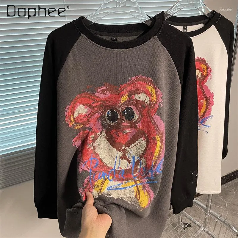 Frauen Hoodies Herbst Winter Cartoon Bär Drucken Lose Mittellange Fleece Gebürstet T-shirt Mode Rundhals Langarm Pullover