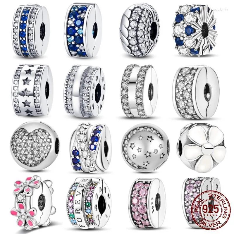 Pierres précieuses en vrac fermoir en argent 925 Sterling CZ pavé Clip breloques marguerite perles bouchon ajustement Original Bracelet bijoux 1