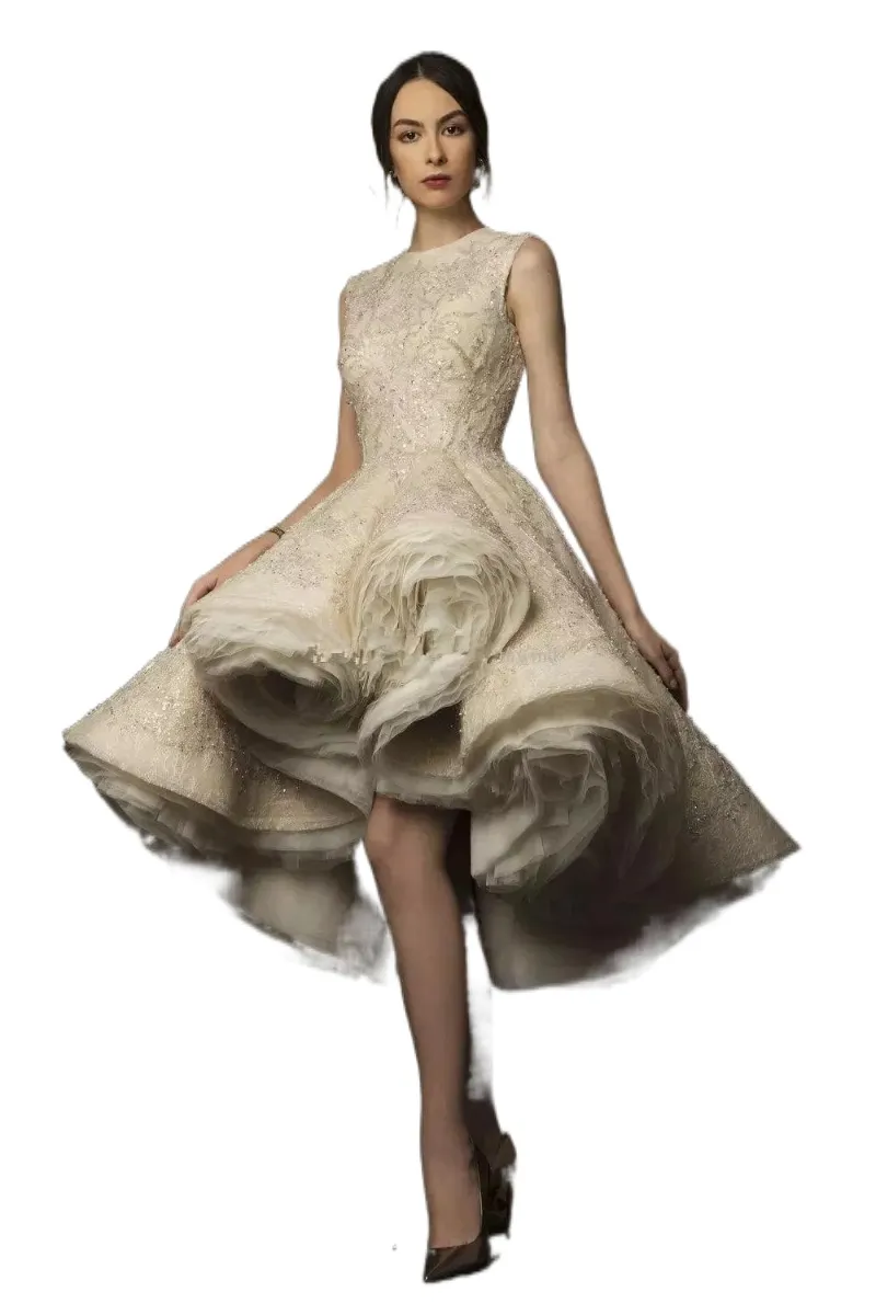 Krikor Jabotian High Low Wedding Dresses Jewel Neck Lace Sequined Short Wedding Dress Ruched Organza Bridal Gowns