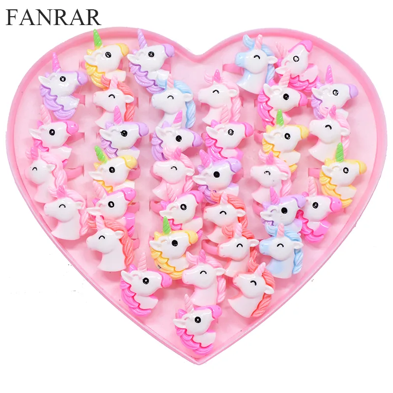 Fanrar 20pcs/lot Kids Rings素敵な動物ユニコーンホースオープン子供の女の子調整可能なアクリルジュエリーパーティーギフト