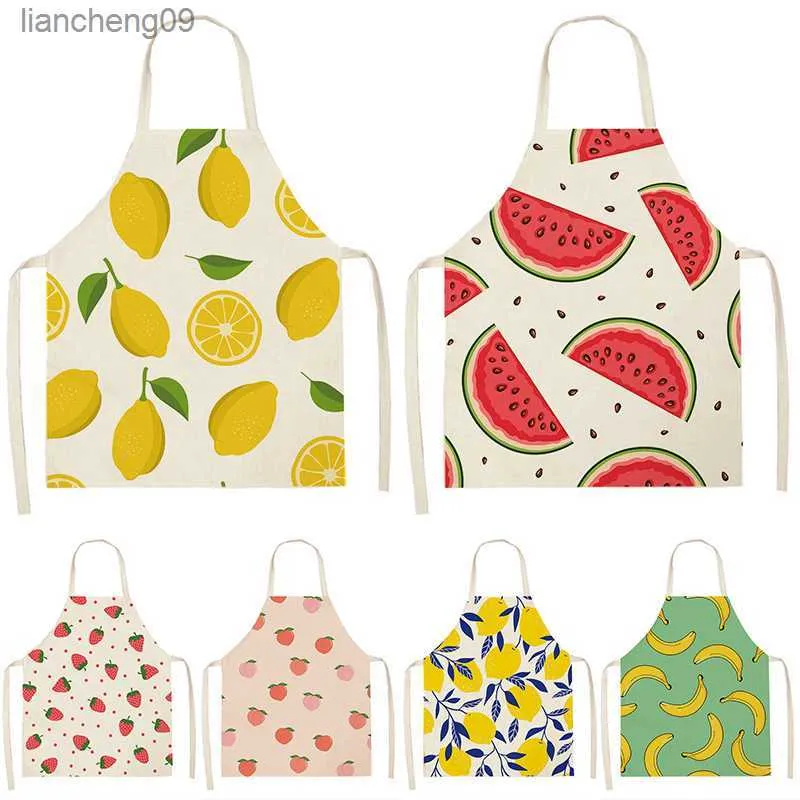 Avental de cozinha com padrão de frutas de verão para mulheres, linho de algodão, babador para limpeza doméstica, avental para cozinhar em casa, acessórios L230620