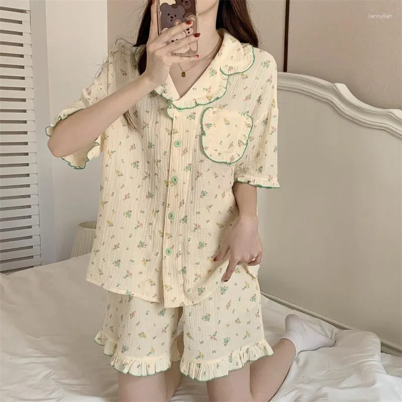 Women's Sleepwear Ruffles Shorts Pyjamas Summer Floral Print Cotton Gauze Pajama Set Soft Cute Home Clothes Wear Out Ladies S010