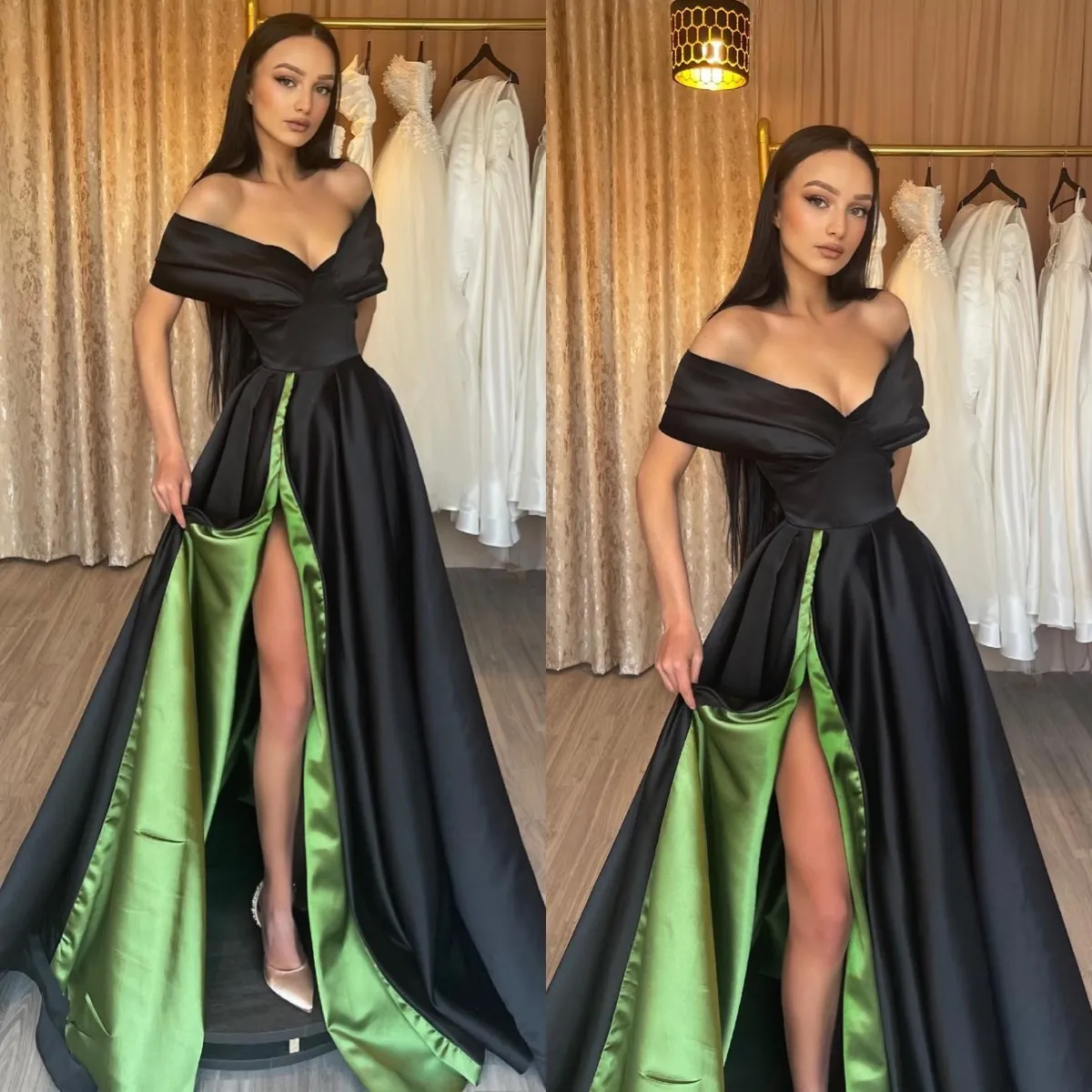 Elegante A-lijn zwarte galajurken off-shoulder groene voering avondjurken plooien split formele lange speciale gelegenheid feestjurk