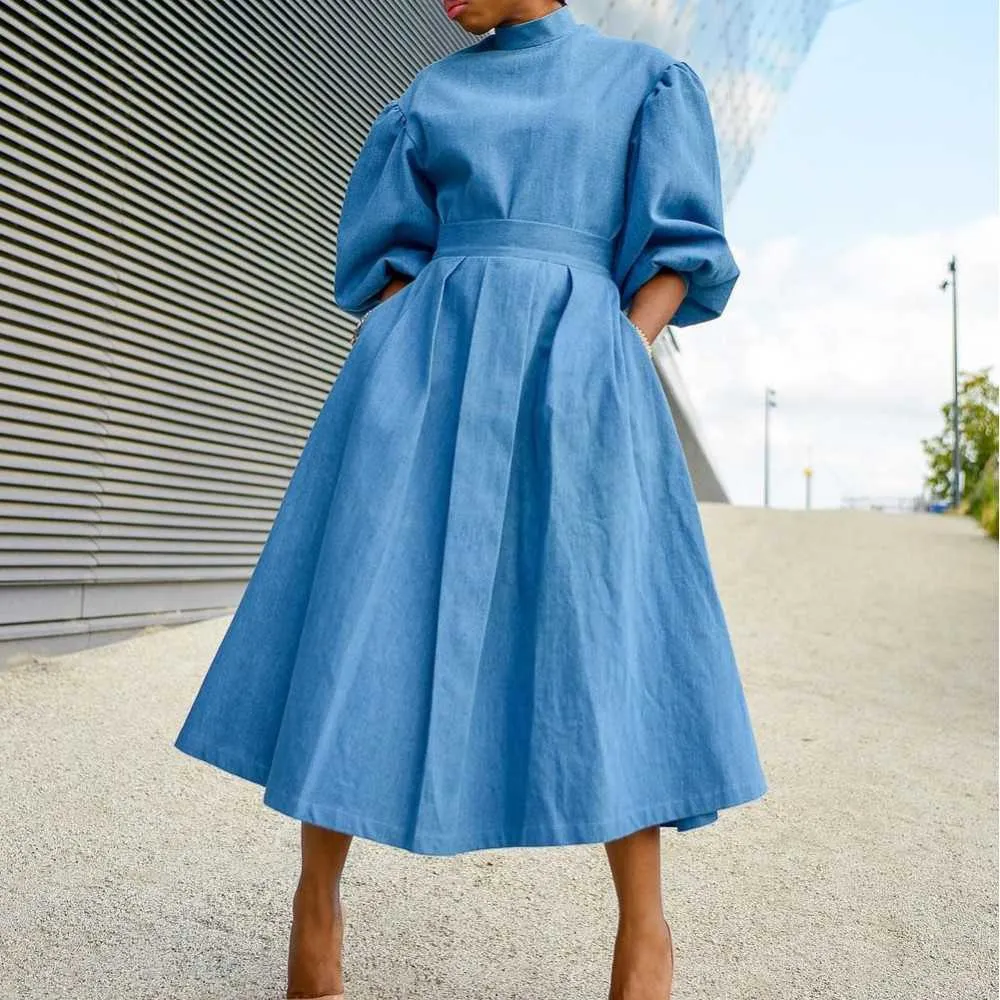 High Waist Puff Sleeve Dress Ladies Casual Work Modest Wear 2021 Temperament Blue Mid-length Office Dress Party Vestidos