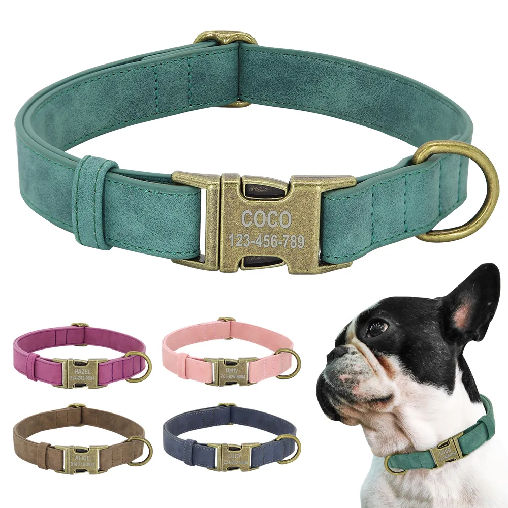 Colliers de chien laisses collier d'identification personnalisé étiquette de chiens personnalisée avec boucle en métal cuir rembourré pour petit moyen Pitbull Buldog 230617