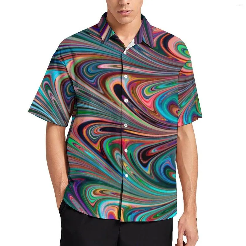 Men's Casual Shirts Neon Paint Swirl Colorful Liquid Print Beach Shirt Hawaiian Vintage Blouses Male Printed Big Size