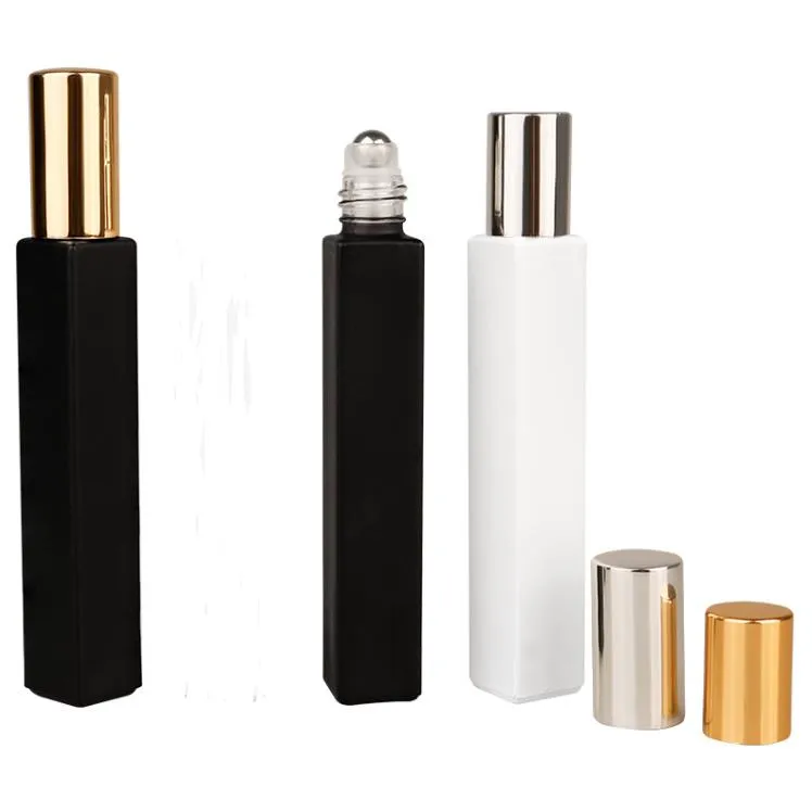 Lege Vierkante Glazen Roll On Flessen 10 ml Essentiële Olie Parfumflesje met Mat Zwart/Witte Kleur rvs Roller Ball SN4420