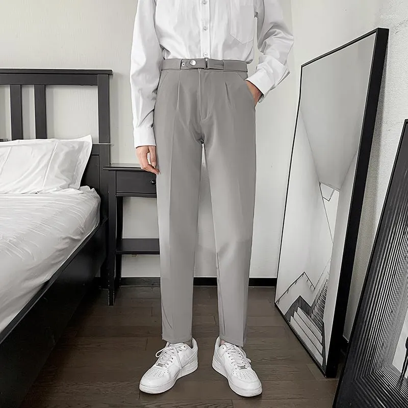 Men's Pants Korean Style Fashion Ankle Length Suit Men High Waist Solid Khaki Black Gray Casual Straight Adjustable Trousers
