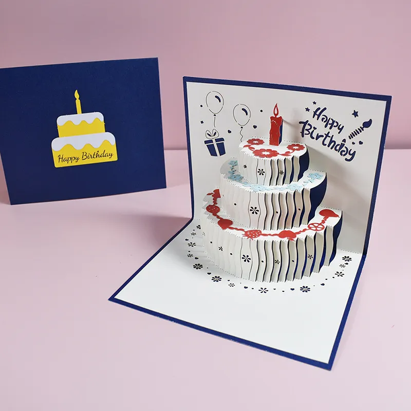 Greeting Cards 3D Happy Birthday Cake Pop-Up Gift for Kids Mom with Envelope Handmade Gift dh9760