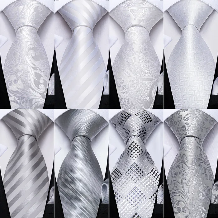 Cravatte DiBanGu Designer White Grey Sliver Cravatte da uomo Hanky Gemelli Set cravatte in seta per uomo Wedding Party Business Mens Tie 230717