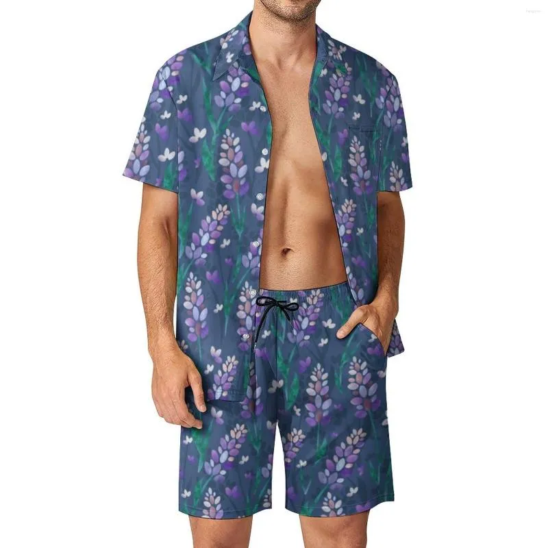 Trainingspakken voor heren Lavendelvelden Herensets Paars Bloemenprint Hawaiiaans casual hemdset Korte mouw Designshorts Zomervakantiepak Groot