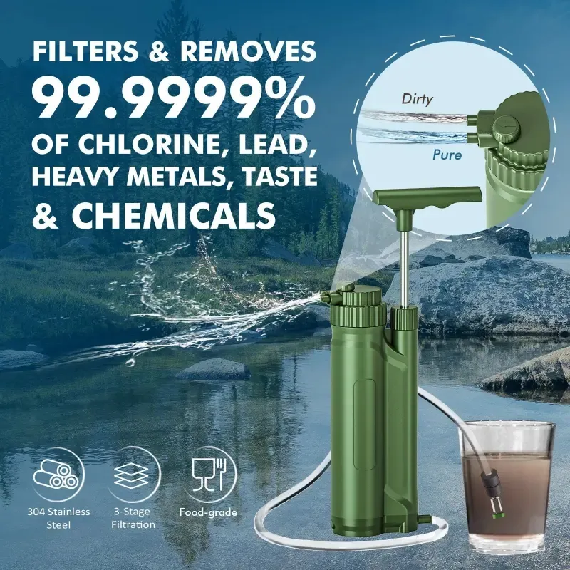 Purificateur d'eau portatif de pompe à main de survie, filtre à eau portatif d'épurateur d'eau pour l'urgence extérieure d'aventure de survie de camping