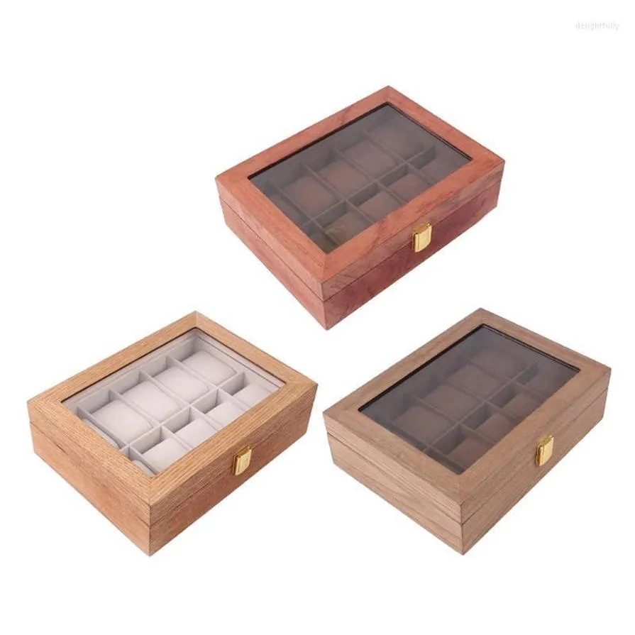 Titta på lådor Fall Vintage Wood Clear Glass Top Box Display Storage Case Holds 10 klockor med justerbara mjuka kuddar deli306s