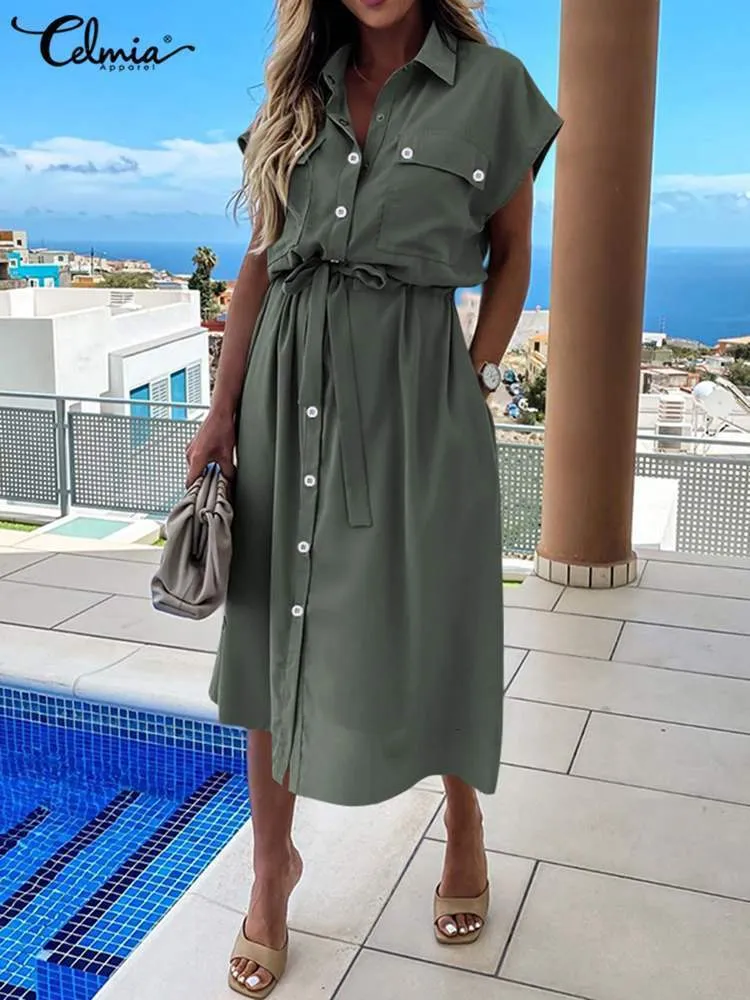 Grundläggande avslappnade klänningar Celmia Summer Fashion Lapel Shirt Dress Women Streetwear Cargo Sundress Casual Sash Work Robes Short Sleeve Buttons Vestidos 230715