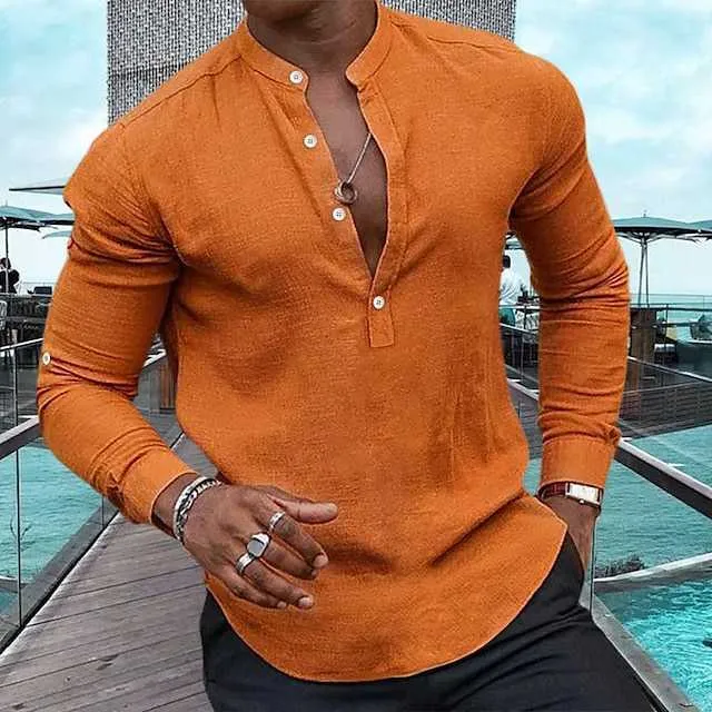 Heren overhemd Linnen overhemd Vrijetijds overhemd Zomer overhemd Strand overhemd Henley overhemd Zwart Wit Roze Lange mouw Effen henley Lente Zomer Informeel Dagelijks Kleding