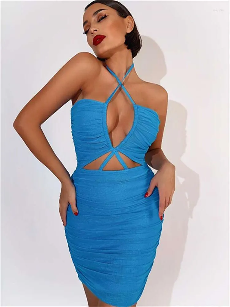 Sukienki swobodne WJFZQM Kobiety Summer Sexy Hanter Hollow Out Ruched Backless Short Dress Club Blue Mini 2023