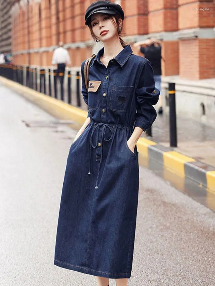 Stylish Denim Midi Dress with Split, Long Sleeves, and Lace-Up Back for Women's Casual Fashion in Spring and Summer