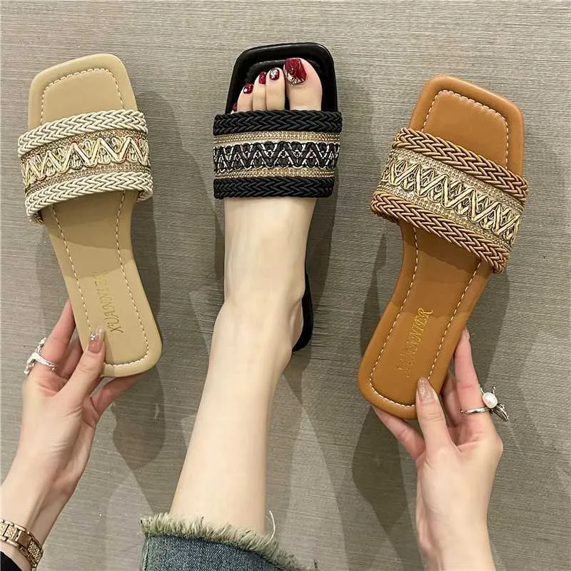 Slippers Sandals for Women 2023 New To Weave Boho Style Sandals Female Square Toe Flat Sandals Casual Summer Slippers for Women L230717