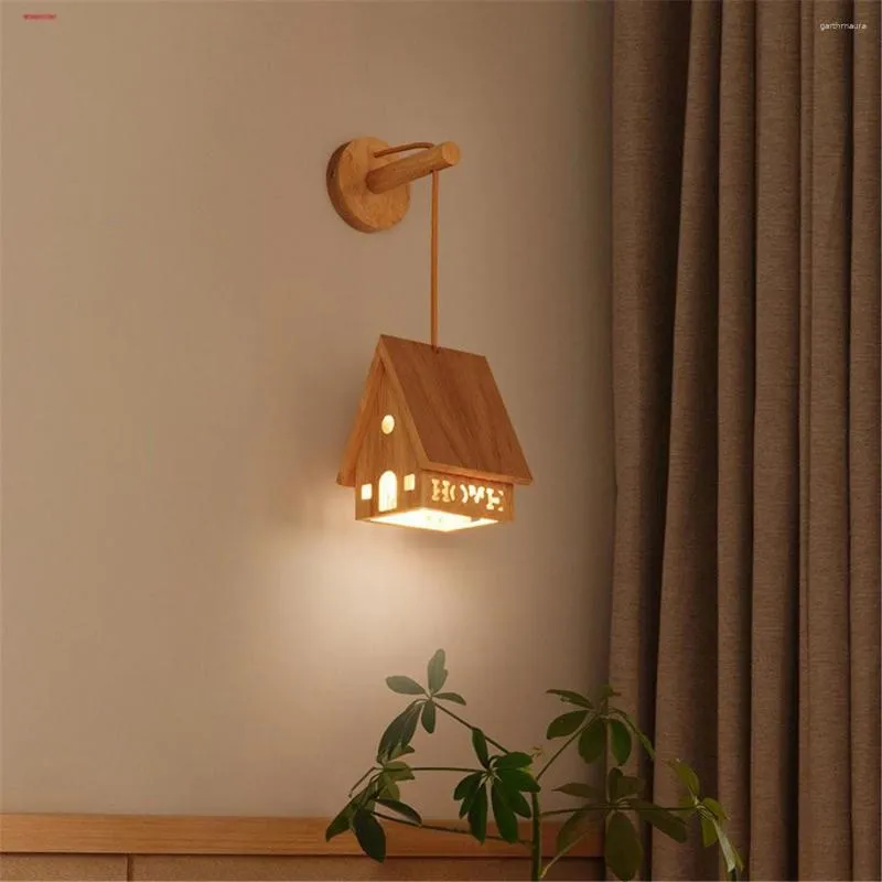 Wall Lamps Children'S Creative Solid Wood House Led Lamp Kids Bedroom Bedside Study Reading Night Light Dining Table Sconce Fixtures