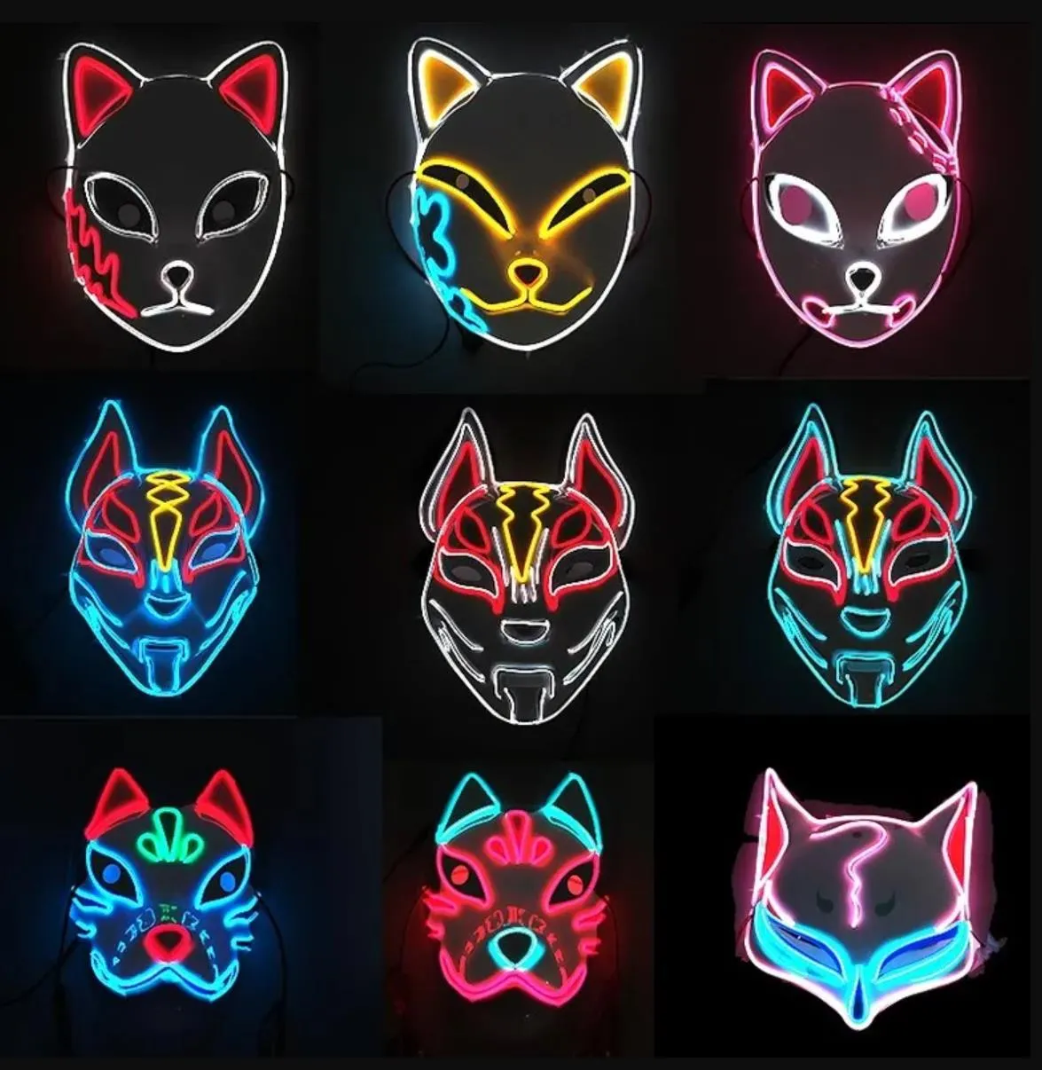 New Demon Slayer Glowing EL Wire Mask Kimetsu No Yaiba Characters Cosplay Costume Accessories Party Gift Japanese Anime Fox Halloween LED Mask