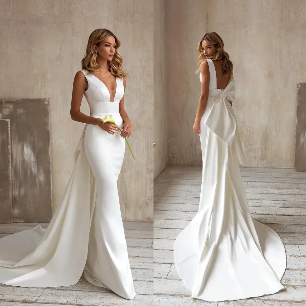 Custom Made Satin Satin Mermaid Wedding Dress With Deep V Neckline